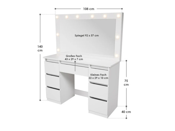 Kaptafel / Schminktafel Lilia - Incl. LED en Lades - Wit – foto 6 – kavel bij XL Auctions