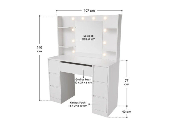 Kaptafel / Schminktafel Malia - Incl. Spiegel en LED - Wit – foto 6 – kavel bij XL Auctions