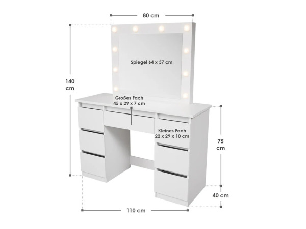 Kaptafel / Schminktafel Talea - Incl. Spiegel en LED - Wit – foto 7 – kavel bij XL Auctions