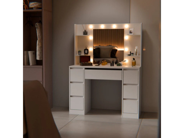 Kaptafel / Schminktafel Malia - Incl. Spiegel en LED - Wit – foto 7 – kavel bij XL Auctions