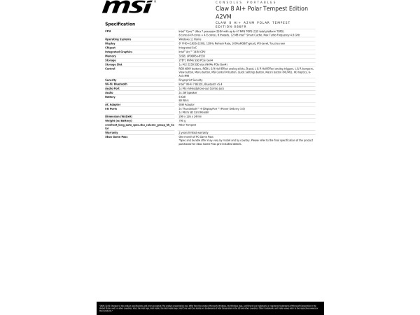 MSI Claw 8 AI+ A2VM Polar Tempest - Intel Ultra7/32GB/2TB – foto 9 – kavel bij XL Auctions