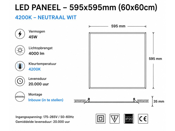 40x 40 x LED Paneel 45W – 4200K – 595x595mm – IP20 – GALAKSI – foto 5 – kavel bij XL Auctions