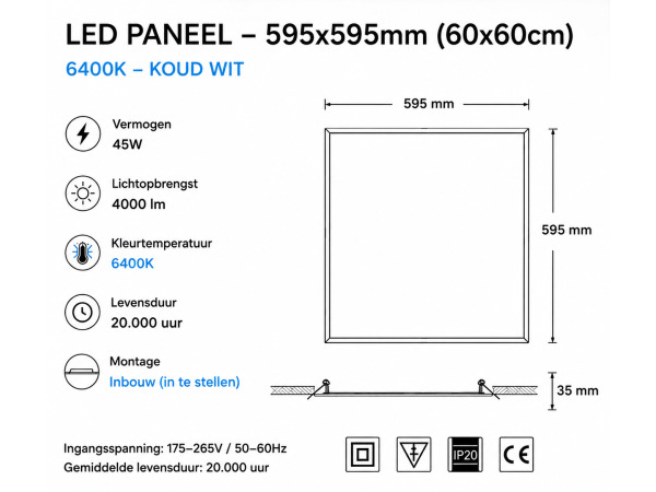 16x 16 x LED Paneel 45W – 6400K – 595x595mm – IP20 – GALAKSI – foto 4 – kavel bij XL Auctions