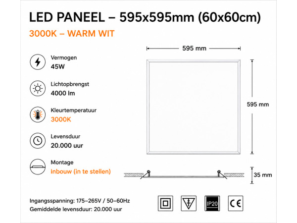 16x 16 x LED Paneel 45W – 3000K – 595x595mm – IP20 – GALAKSI – foto 4 – kavel bij XL Auctions