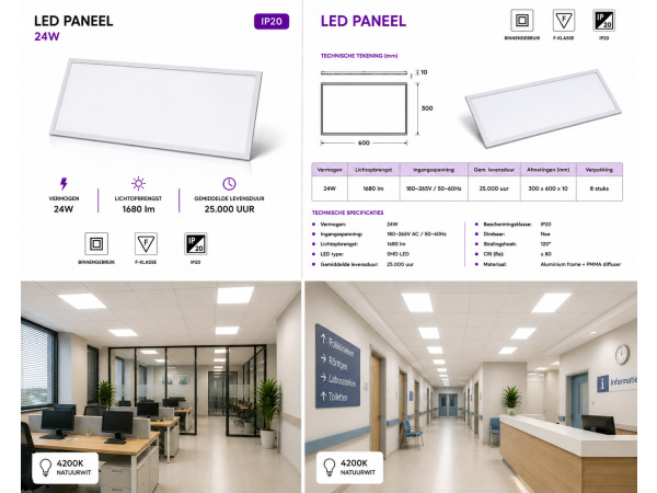8x 8 x LED Paneel 24W – 4200K – 595x295mm – IP20 – ZODIAC-24 – foto 2 – kavel bij XL Auctions