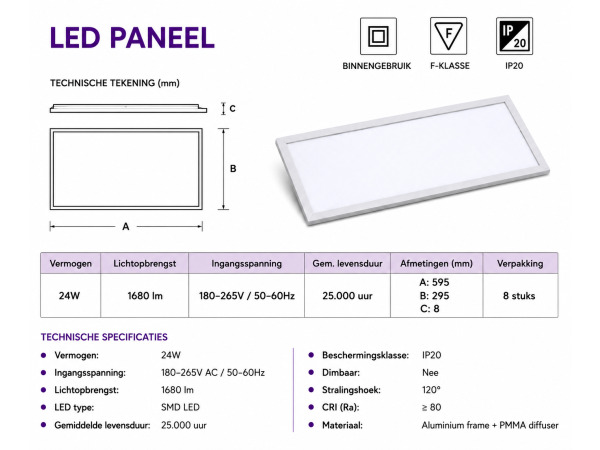 16x 16 x LED Paneel 24W – 3000K – 595x295mm – IP20 – ZODIAC-24 – foto 5 – kavel bij XL Auctions