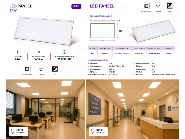 40x 40 x LED Paneel 24W – 3000K – 595x295mm – IP20 – ZODIAC-24 – foto 5 – kavel bij XL Auctions