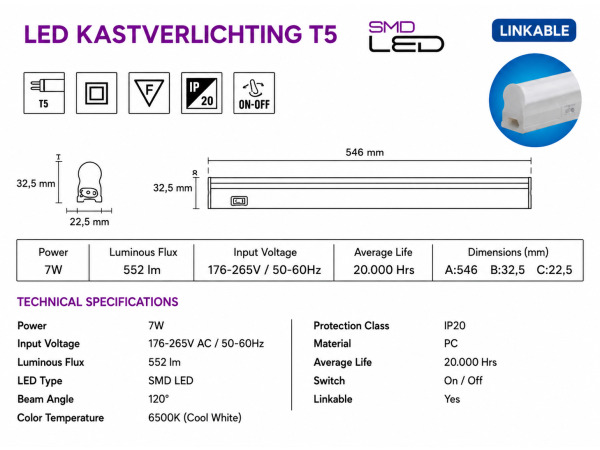 10x 10 x LED Balk Onder-Meubel 7W – 6400K – Wit – 60cm – SIGMA-7 – foto 4 – kavel bij XL Auctions