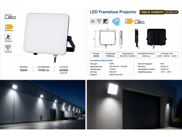 10x 10 x Frameloze LED Schijnwerper 100W – 6400K – PEGASUS-100 – foto 2 – kavel bij XL Auctions