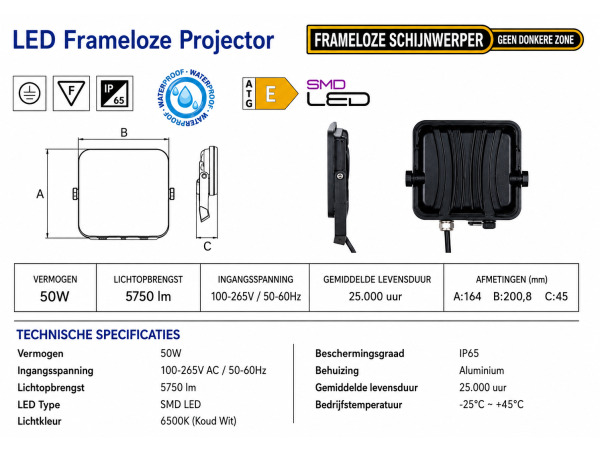 10x 10 x Frameloze LED Schijnwerper 50W – 6400K – PEGASUS-50 – foto 5 – kavel bij XL Auctions