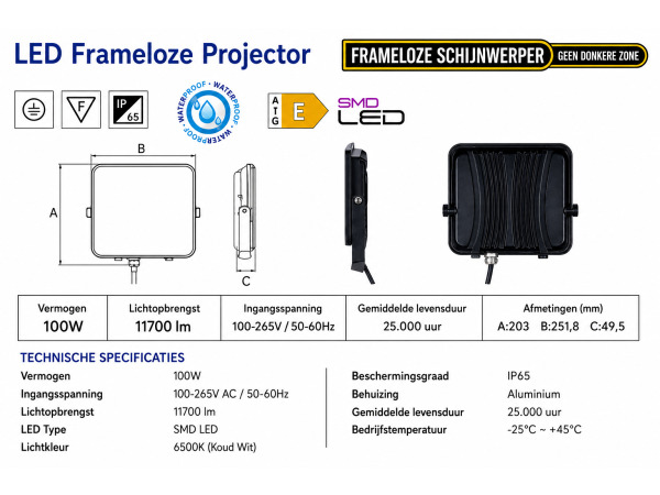 10x 10 x Frameloze LED Schijnwerper 100W – 6400K – PEGASUS-100 – foto 5 – kavel bij XL Auctions