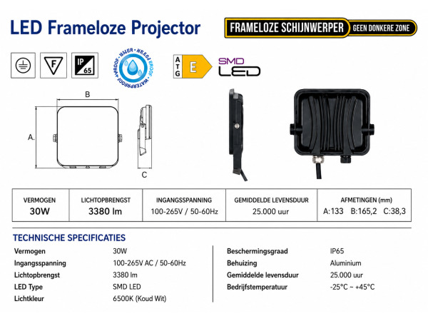 10x 10 x Frameloze LED Schijnwerper 30W – 6400K – PEGASUS-30 – foto 4 – kavel bij XL Auctions