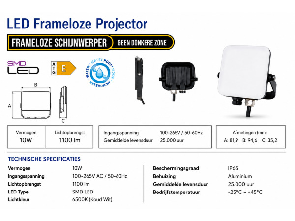 10x 10 x Frameloze LED Schijnwerper 10W – 6400K – PEGASUS-10 – foto 4 – kavel bij XL Auctions