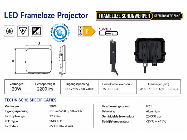 10x 10 x Frameloze LED Schijnwerper 20W – 6400K – PEGASUS-20 – foto 4 – kavel bij XL Auctions