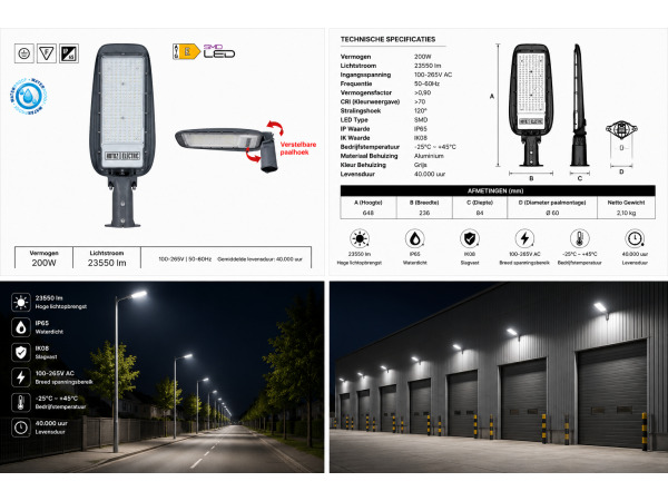5x 5 x LED Straatlantaarn 200W – 6400K – Grijs – FLORIDA-200 – foto 3 – kavel bij XL Auctions