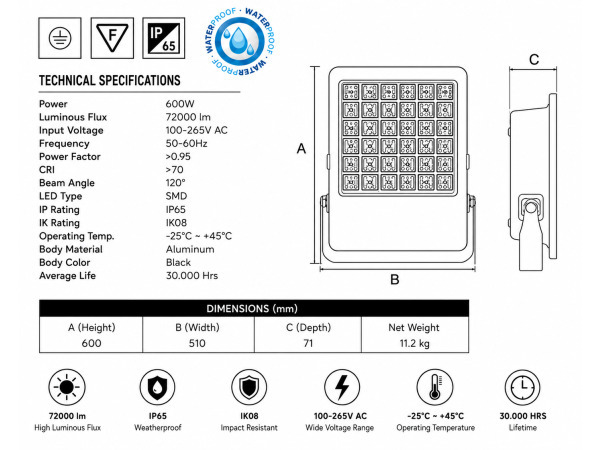 2x 2 x LED Schijnwerper 600W – 6400K – Zwart – BORNEO-600 – foto 4 – kavel bij XL Auctions