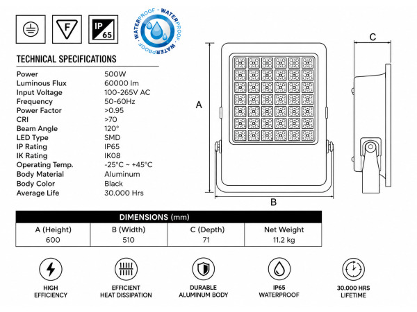 2x 2 x LED Schijnwerper 500W – 6400K – Zwart – BORNEO-500 – foto 5 – kavel bij XL Auctions