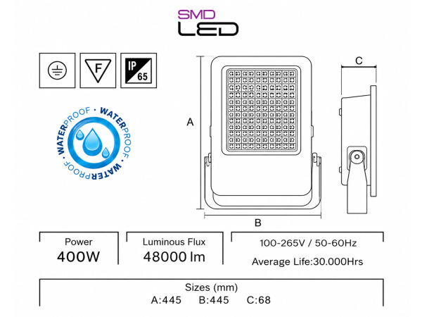 2x 2 x LED Schijnwerper 400W – 6400K – Zwart – BORNEO-400 – foto 4 – kavel bij XL Auctions