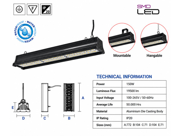 6x 6 x Industriële LED Hanglamp 150W – 6400K – PYRAMID-150 – foto 4 – kavel bij XL Auctions