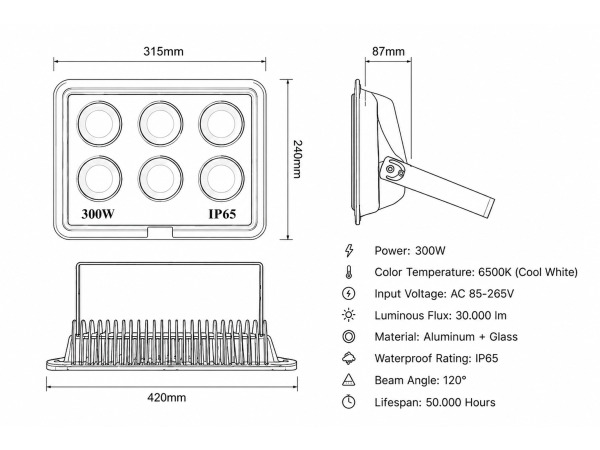 2x 2 x LED Schijnwerper 300W – 6500K Koud Wit – IP65 – EYES-300 – foto 5 – kavel bij XL Auctions