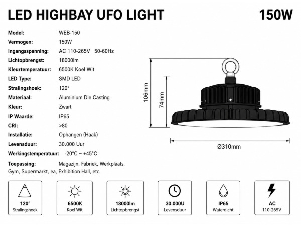 5x 5 x LED UFO Highbay PRO 150W – WEB-150 – foto 5 – kavel bij XL Auctions