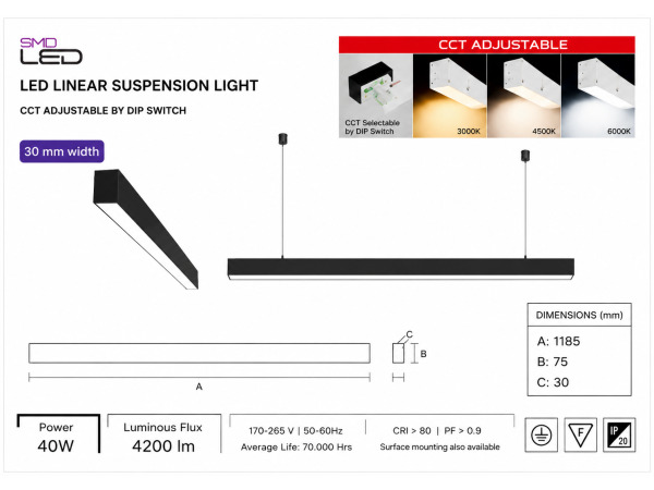 5x 5 x Lineaire LED Hanglamp 40W – 3CCT – Zwart – INNOVA3-40 – foto 4 – kavel bij XL Auctions