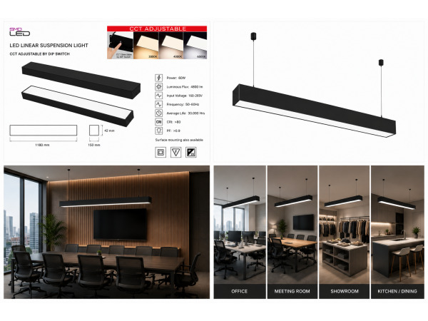 4x 4 x Lineaire LED Hanglamp 60W – 3CCT – Zwart – FORTIS-60 – foto 3 – kavel bij XL Auctions
