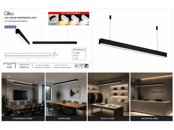 5x 5 x Lineaire LED Hanglamp 40W – 3CCT – Zwart – INNOVA3-40 – foto 5 – kavel bij XL Auctions