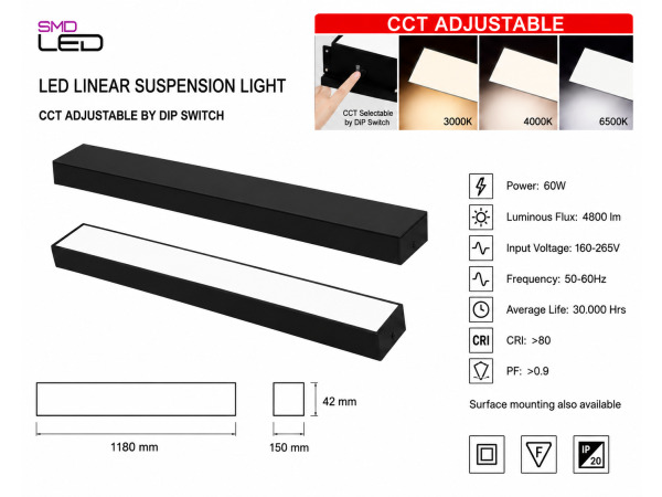 4x 4 x Lineaire LED Hanglamp 60W – 3CCT – Zwart – FORTIS-60 – foto 5 – kavel bij XL Auctions