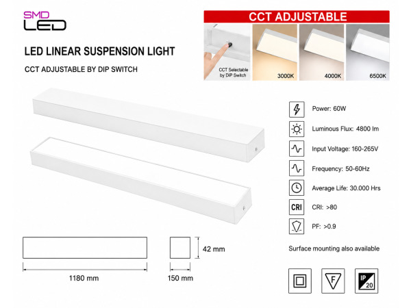 4x 4 x Lineaire LED Hanglamp 60W – 3CCT – Wit – FORTIS-60 – foto 4 – kavel bij XL Auctions