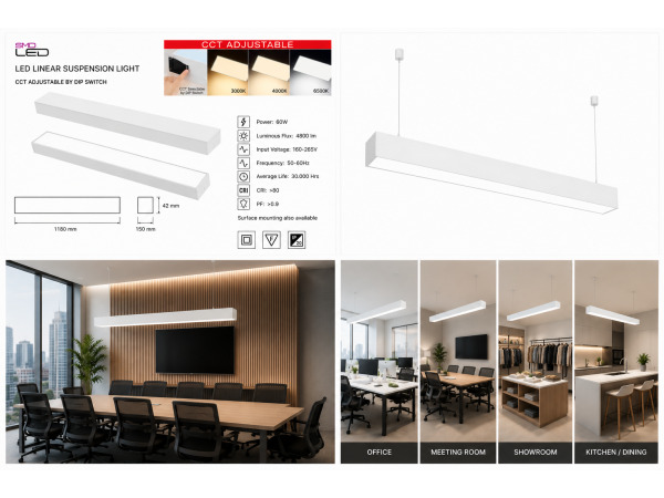 4x 4 x Lineaire LED Hanglamp 60W – 3CCT – Wit – FORTIS-60 – foto 5 – kavel bij XL Auctions