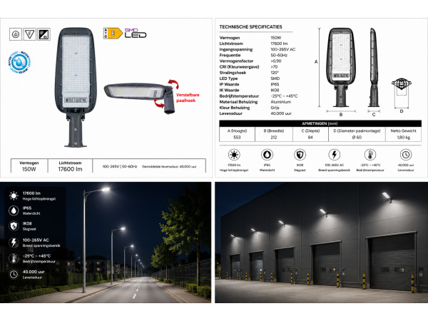 5x 5 x LED Straatlantaarn 150W – 6400K – Grijs – FLORIDA-150 – foto 2 – kavel bij XL Auctions