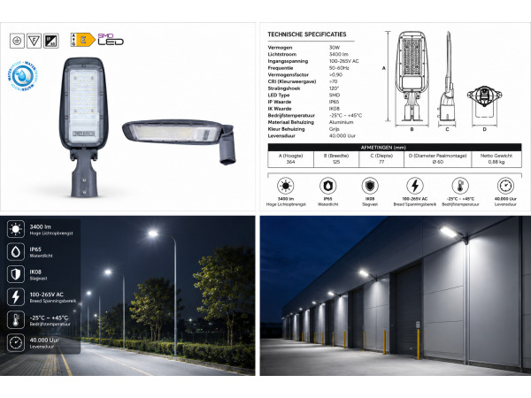 10x 10 x LED Straatlantaarn 30W – 6400K – Grijs – FLORIDA-30 – foto 5 – kavel bij XL Auctions