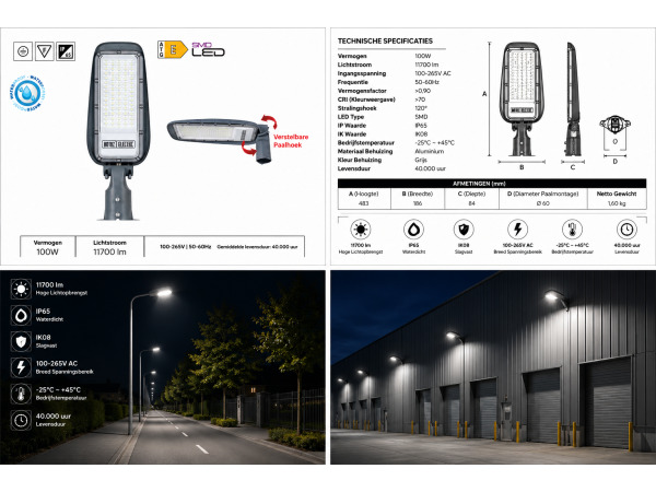 5x 5 x LED Straatlantaarn 100W – 6400K – Grijs – FLORIDA-100 – foto 5 – kavel bij XL Auctions