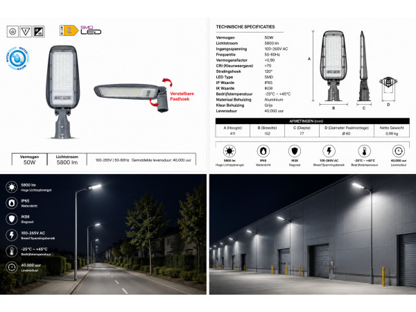 10x 10 x LED Straatlantaarn 50W – 6400K – Grijs – FLORIDA-50 – foto 2 – kavel bij XL Auctions