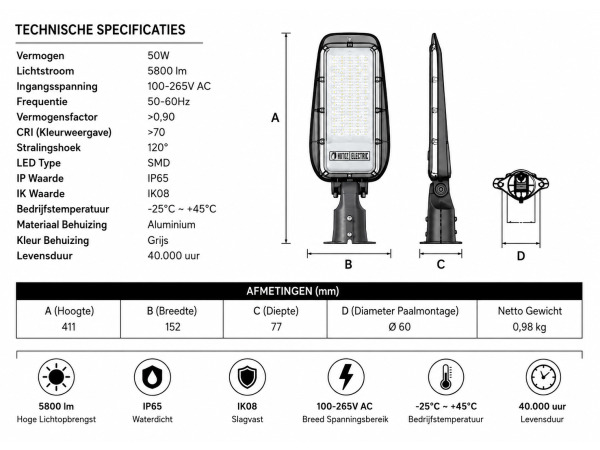 10x 10 x LED Straatlantaarn 50W – 6400K – Grijs – FLORIDA-50 – foto 5 – kavel bij XL Auctions