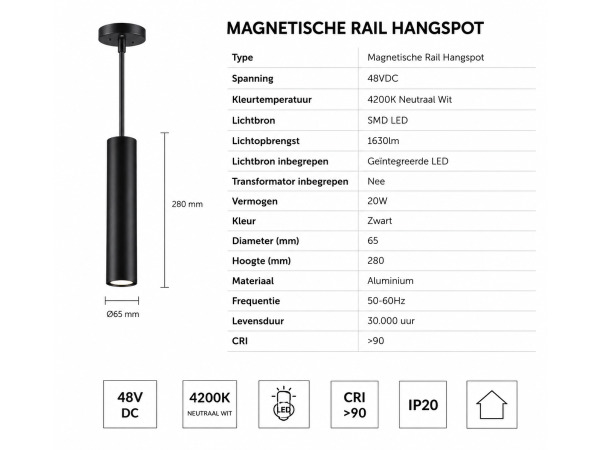 8x 8 x LED Hangspot voor Magnetische Rail – 48V – 20W – 3000K – foto 4 – kavel bij XL Auctions
