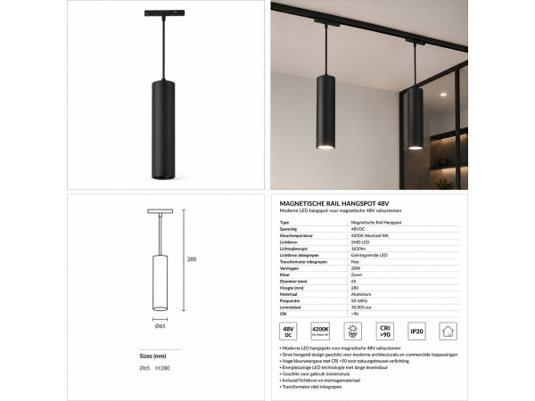 8x 8 x LED Hangspot voor Magnetische Rail – 48V – 20W – 3000K – foto 5 – kavel bij XL Auctions