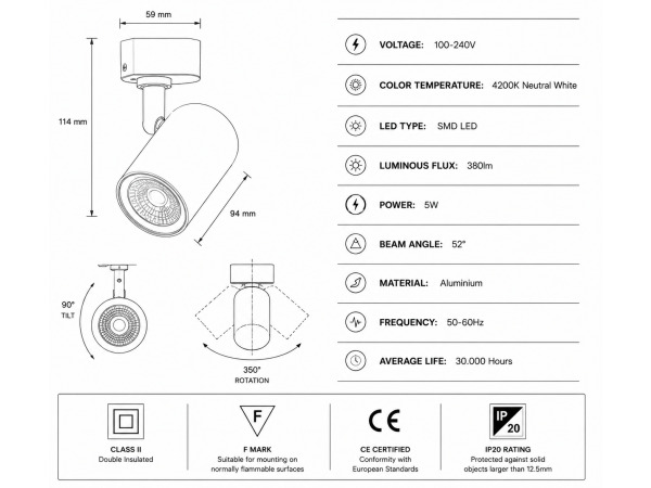 30x 30 x LED Railspot 5W – 4200K – Wit – IP20 – ARIZONA-5 – foto 4 – kavel bij XL Auctions