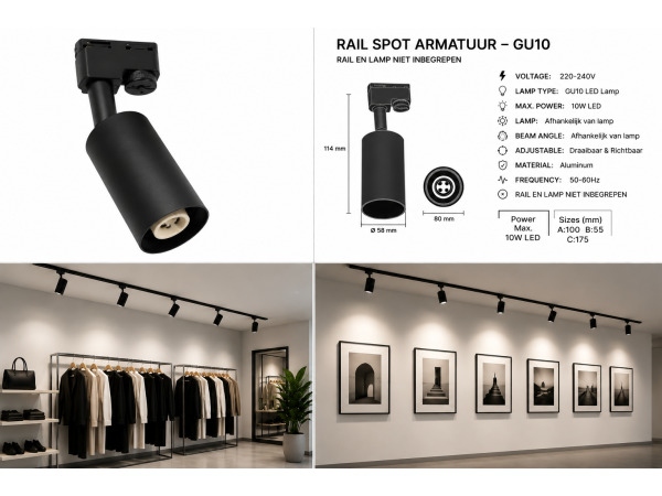 20x 20 x Kantelbare Railspot – GU10 – IP20 – Zwart – Bazel – foto 3 – kavel bij XL Auctions