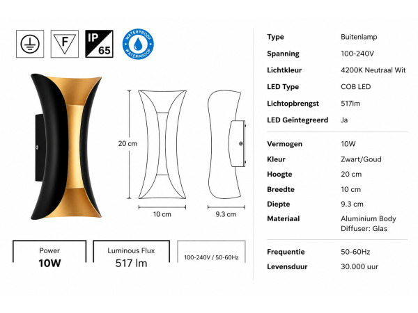 4x 4 x LED Buitenwandlamp – 10W – Zwart/Goud – MARVEL-10 – foto 3 – kavel bij XL Auctions