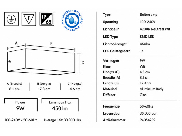 6x 6 x LED Buitenwandlamp – 9W – 4200K – Wit – IP65 – ANDIZ – foto 4 – kavel bij XL Auctions