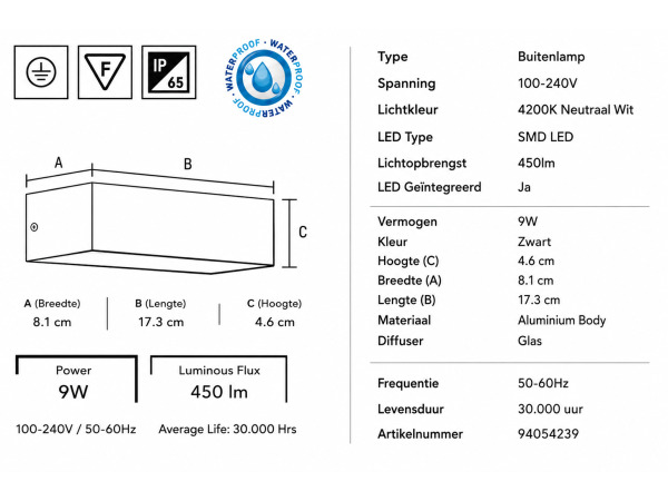 6x 6 x LED Buitenwandlamp – 9W – 4200K – Zwart – IP65 – ANDIZ – foto 4 – kavel bij XL Auctions