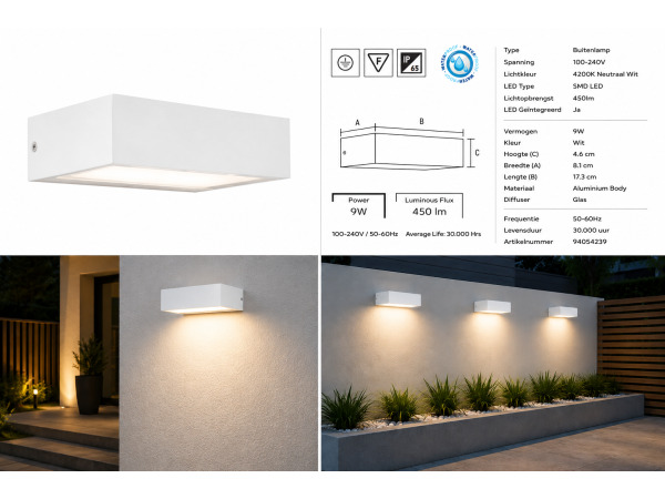 6x 6 x LED Buitenwandlamp – 9W – 4200K – Wit – IP65 – ANDIZ – foto 5 – kavel bij XL Auctions