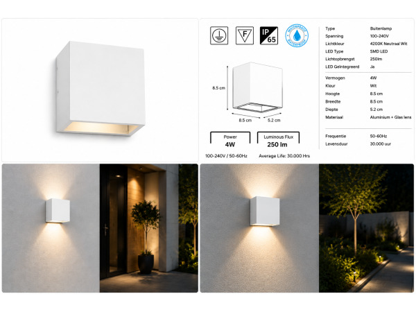 6x 6 x LED Buitenwandlamp – 4W – 4200K – Wit – IP65 – SEKOYA – foto 5 – kavel bij XL Auctions