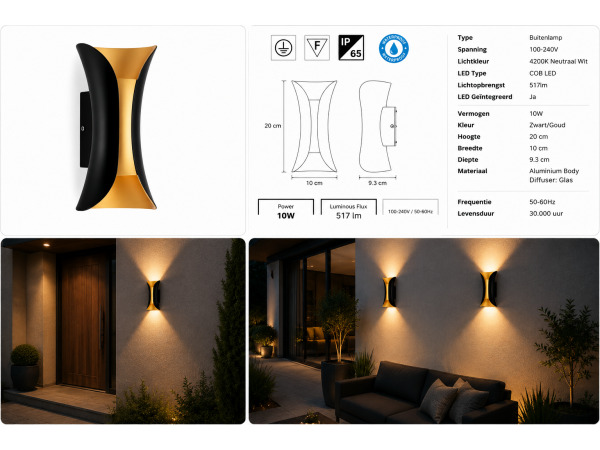 4x 4 x LED Buitenwandlamp – 10W – Zwart/Goud – MARVEL-10 – foto 4 – kavel bij XL Auctions
