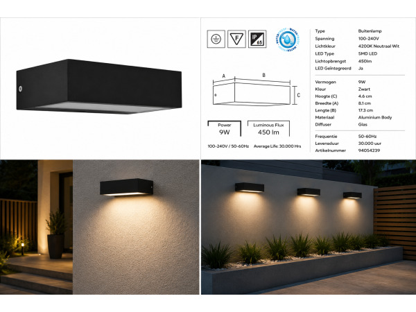 6x 6 x LED Buitenwandlamp – 9W – 4200K – Zwart – IP65 – ANDIZ – foto 5 – kavel bij XL Auctions