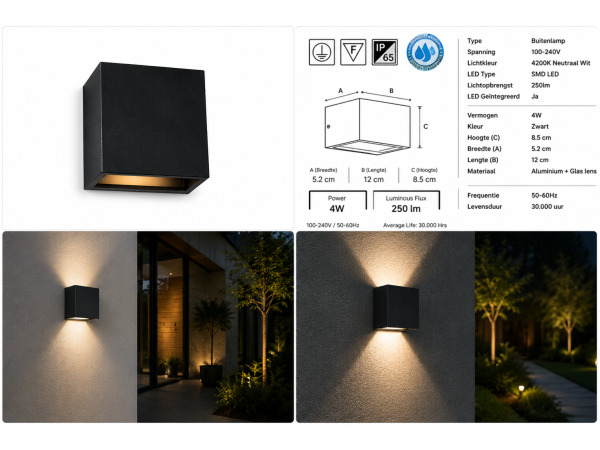 6x 6 x LED Buitenwandlamp – 4W – 4200K – Zwart – IP65 – SEKOYA – foto 4 – kavel bij XL Auctions