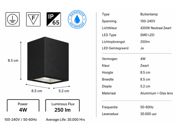 6x 6 x LED Buitenwandlamp – 4W – 4200K – Zwart – IP65 – SEKOYA – foto 5 – kavel bij XL Auctions