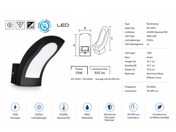 4x 4 x LED Buitenwandlamp – 15W – 4200K – Zwart – IP65 – SUPERB – foto 4 – kavel bij XL Auctions